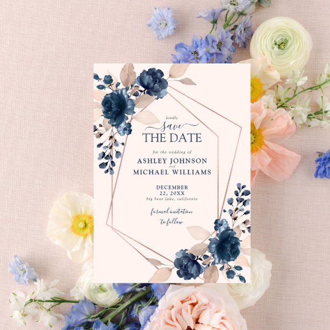 Rose Gold Dusty Pink Navy Floral Save the Date (Creator Uploaded)