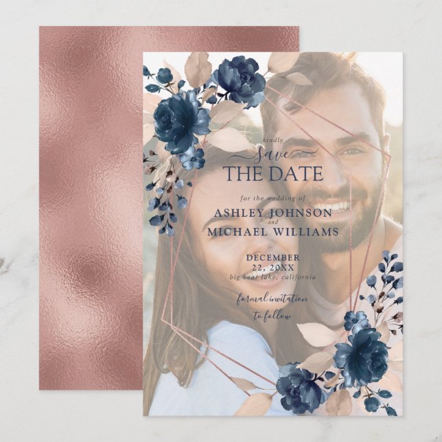 Rose Gold Dusty Pink Navy Photo Save the Date (Front/Back)