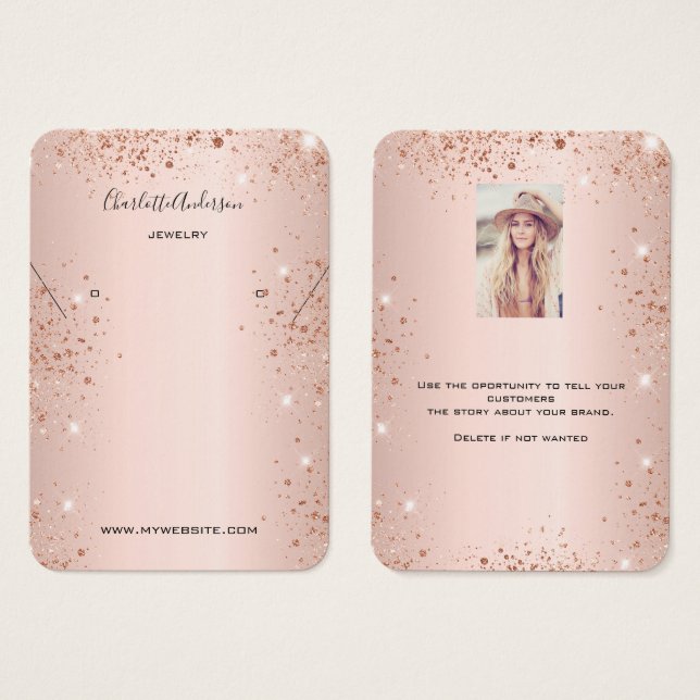 Rose gold earring photo glitter display card (Front & Back)