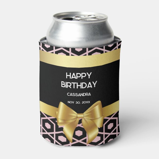 Rose Gold Egypt Geometric Gold Bow Happy Birthday Can Cooler (Can Front)