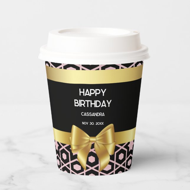 Rose Gold Egypt Geometric Gold Bow Happy Birthday Paper Cups (Front)