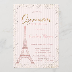 Rose Gold Eiffel Tower Confetti Stripe Quinceanera Invitation