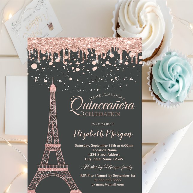 Rose Gold Eiffel Tower,Drips Dots Quinceañera Invitation (Creator Uploaded)