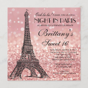 Rose Gold Eiffel Tower Paris Sweet 16 Invitation