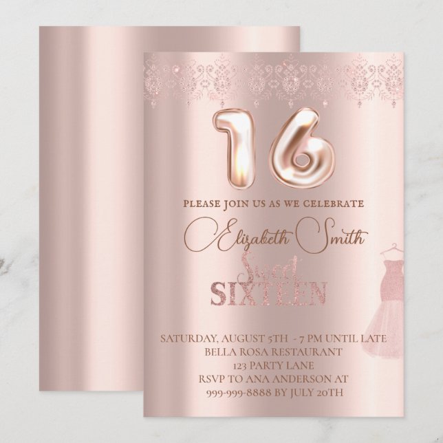 Rose gold elegance, sweet sixteen invitation (Front/Back)