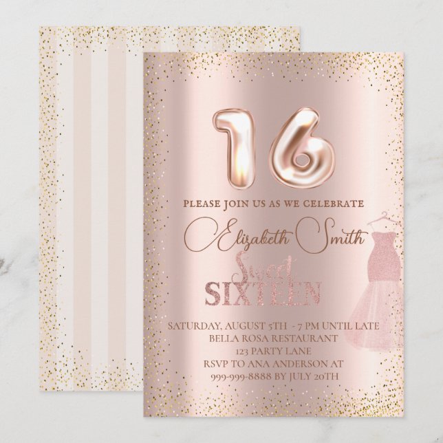 Rose gold elegance, sweet sixteen invitation (Front/Back)