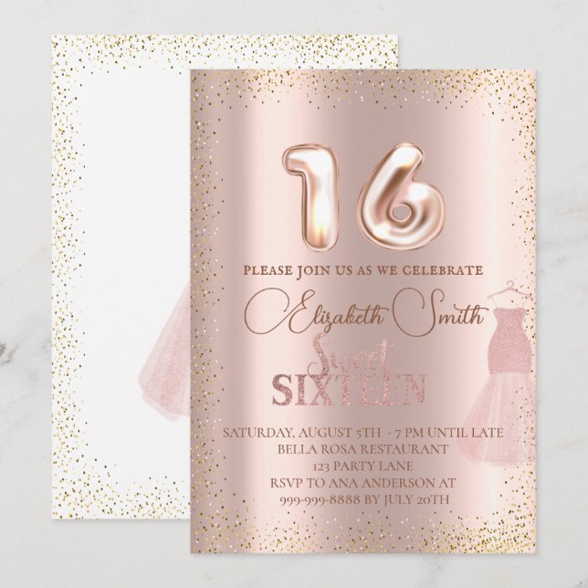 Rose gold elegance, sweet sixteen invitation (Front/Back)