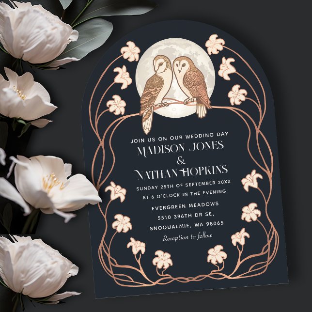 Rose Gold Elegant Art Nouveau Owls Wedding Arch Invitation (Creator Uploaded)