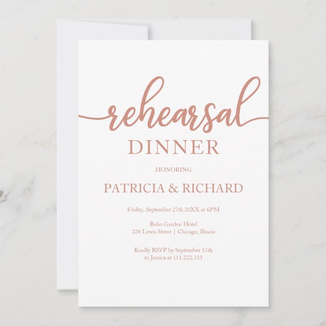 Rose Gold Elegant Calligraphy Rehearsal Dinner Invitation (Front)