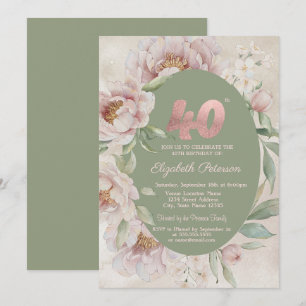 Rose Gold Elegant Flowers Green 40th Birthday Invitation