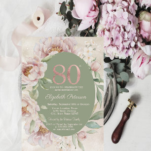 Rose Gold Elegant Flowers Green 80th Birthday  Invitation