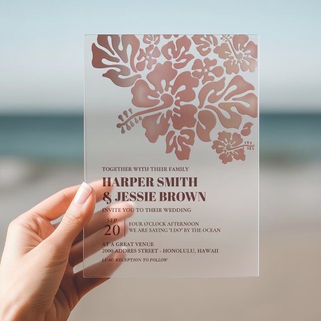 Rose Gold - Elegant Hibiscus Beach Wedding  Acrylic Invitations (Invite your guests to your dream wedding with this ultra stylish beach invitation!)