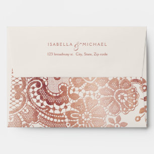 Rose gold elegant lace wedding return address envelopes