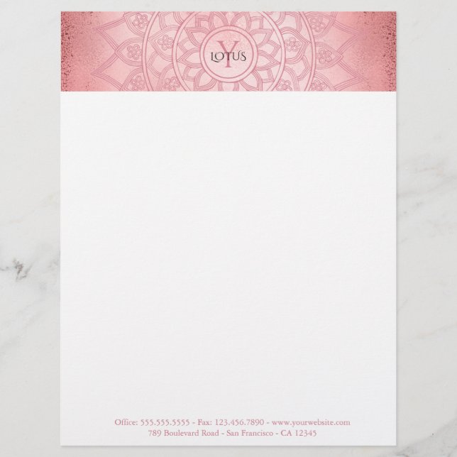 Rose Gold Elegant Lotus Mandala Yoga Custom Letterhead (Front)