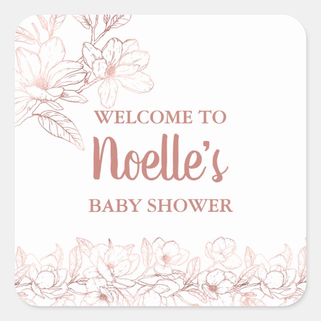 Rose Gold Elegant Magnolia Flowers, Baby Shower Square Sticker (Front)