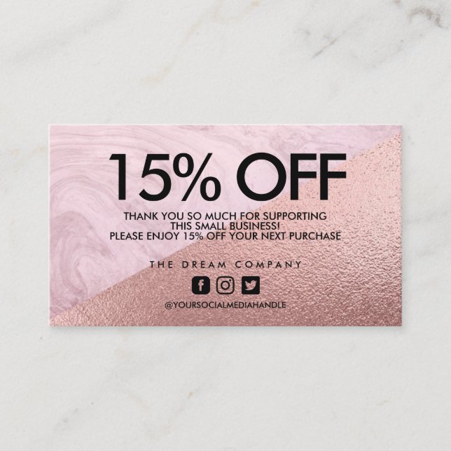 Rose Gold Elegant Marble Discount Thank You Business Card (Front)