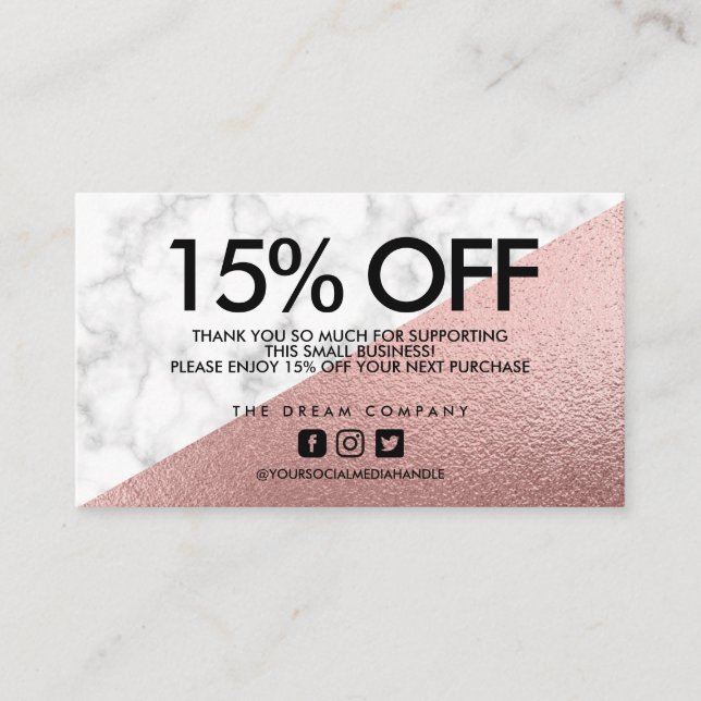 Rose Gold Elegant Marble Discount Thank You Business Card (Front)