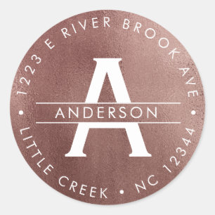 Rose Gold   Elegant Modern Monogram Return Address Classic Round Sticker