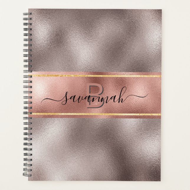 Rose gold elegant name script monogram planner (Front)