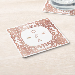 Rose gold elegant ornate vintage couple monogram square paper coaster