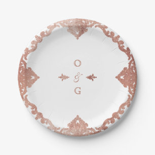 Rose gold elegant ornate vintage wedding monogram paper plate