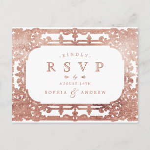 Rose Gold elegant ornate vintage wedding RSVP Invitation Postcard