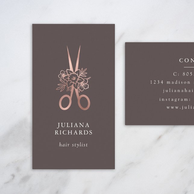 Rose Gold Elegant Scissors Hair Stylist Business C Business Card (Creator Uploaded)