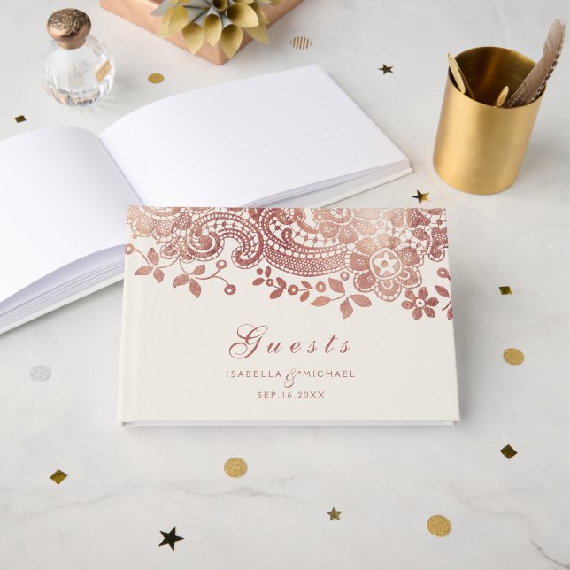 Rose gold elegant vintage lace wedding guest book (Front Open)