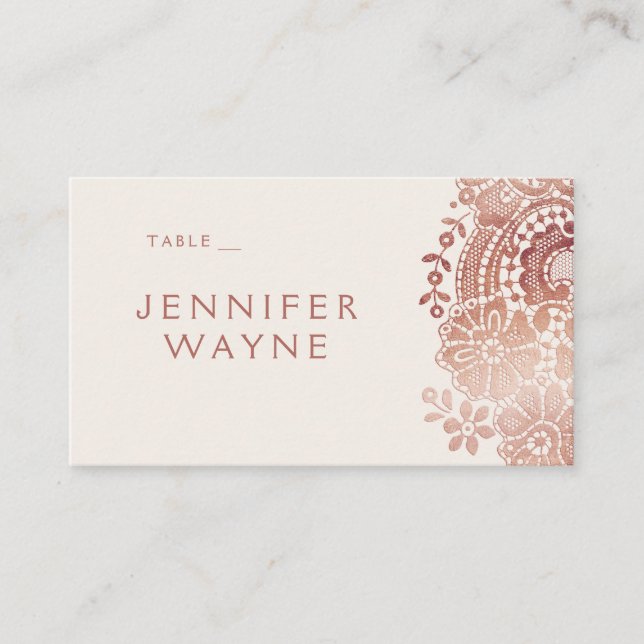 Rose gold elegant vintage lace wedding place cards (Front)
