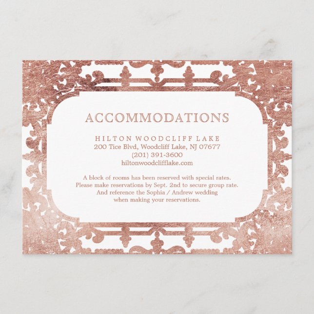 Rose gold elegant vintage wedding accommodation enclosure card (Front)