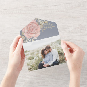 Rose Gold Elegant Watercolor Floral Foliage Photo All In One Invitation