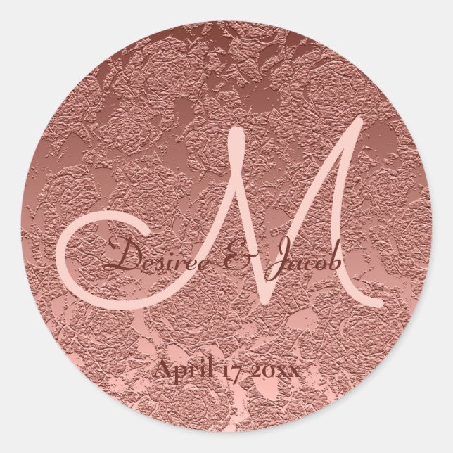 Rose Gold Elegant Wedding Reception Monogram Classic Round Sticker (Front)