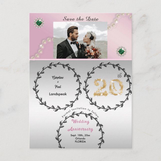 Rose Gold Emerald 20th Anniversary Save the Date Postcard (Front)