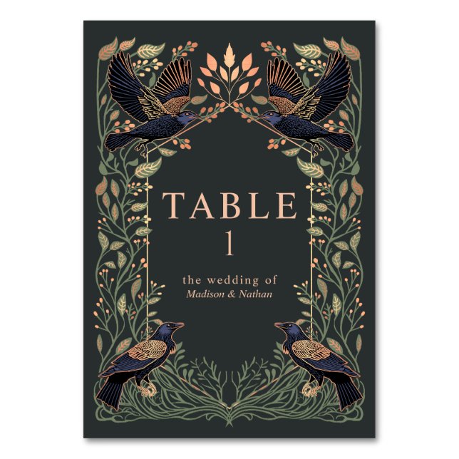 Rose Gold Enchanted Gothic Raven Floral Wedding Table Number (Front)