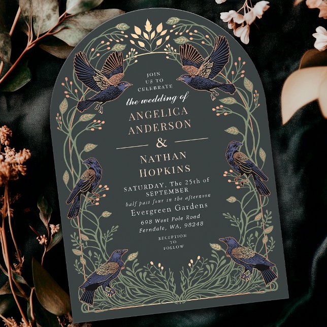 Rose Gold Enchanted Gothic Raven Wedding Ach Invitation (Creator Uploaded)