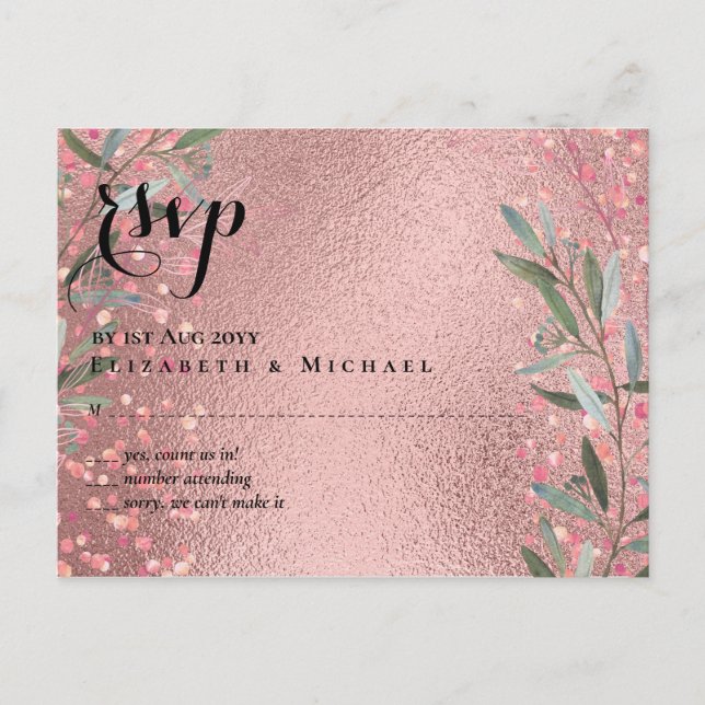 Rose Gold Eucalyptus Leaves Foil Look WEDDING Postcard (Front)