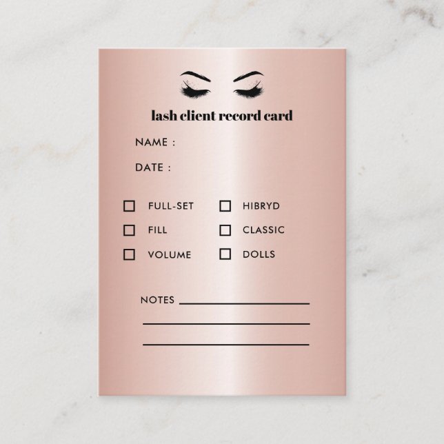 Rose Gold  Eyelash Extension Client Consultation Business Card (Front)