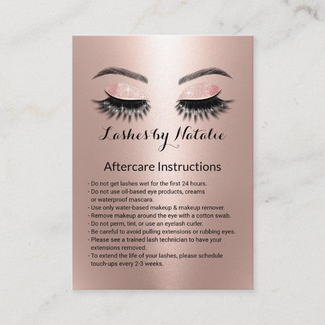 Rose Gold Eyelash Extensions Aftercare Instruction Business Card (Front)