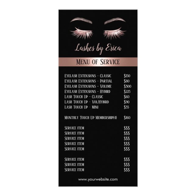 Rose Gold Eyelash Extensions Beauty Salon Price Rack Card (Front)