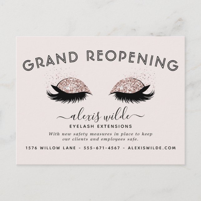 Rose Gold Eyelashes Salon Grand Reopening Covid Postcard (Front)