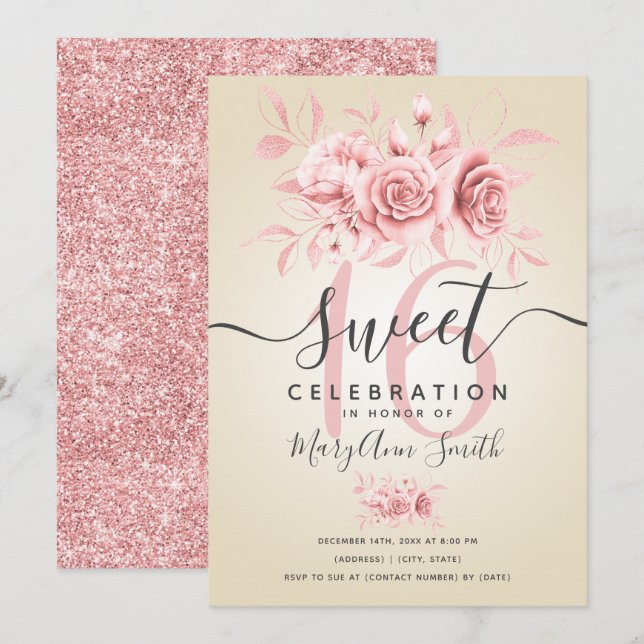 Rose Gold Fab Floral Glitter 16th Birthday Cream  Invitation (Front/Back)