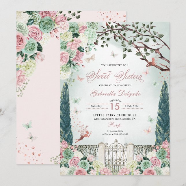 Rose Gold Fairy Enchanted Garden Sweet 16 Invitation (Front/Back)