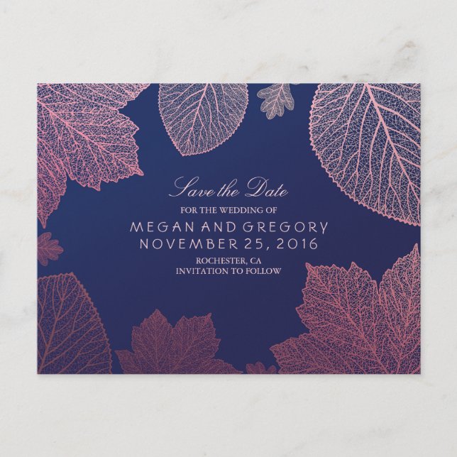 Rose Gold Fall Leaves Elegant Save the Date Announcement Postcard (Front)
