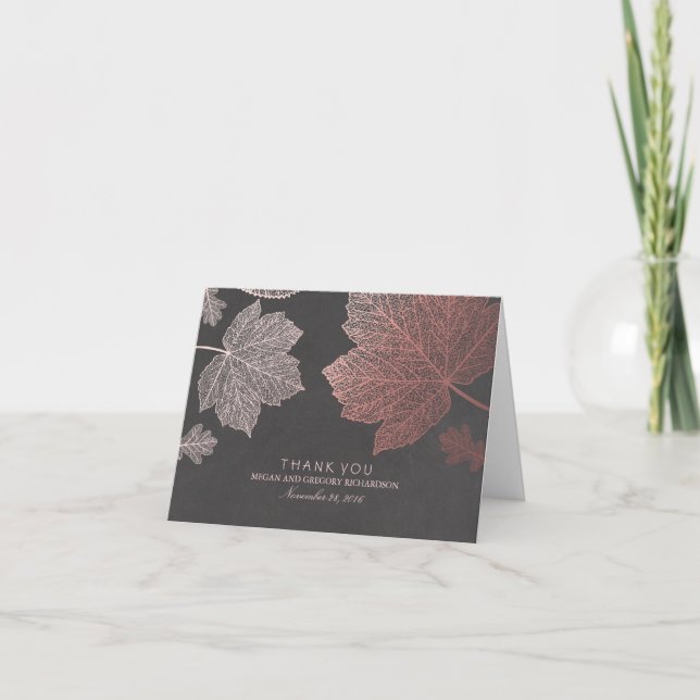 Rose Gold Fall Leaves Wedding Thank You Card (Front)