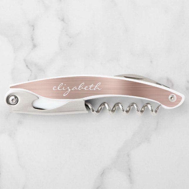 Rose Gold Faux Brushed Metal Personalised Script Corkscrew (Front)