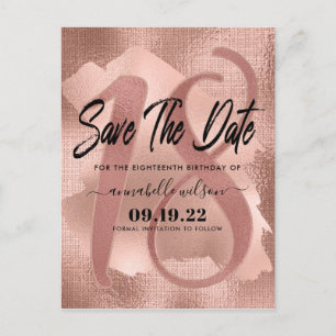 Rose Gold Faux Foil 18th Birthday Save The Date Postcard