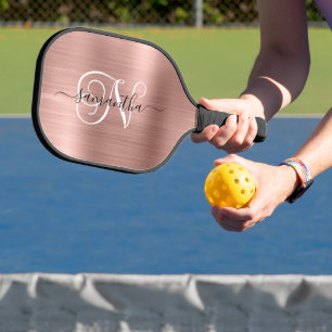 Rose Gold Faux Foil Curly Monogram Pickleball Paddle