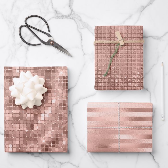 Rose Gold Faux Foil & Glitter Wrapping Paper Sheet (Front)