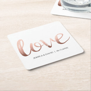 Rose Gold Faux Foil Love Square Paper Coaster