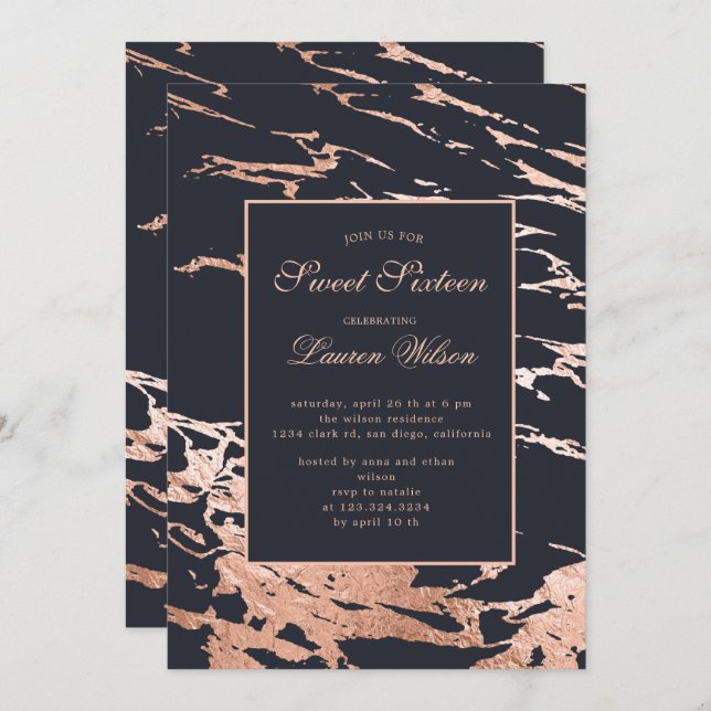 rose gold faux foil marble Sweet Sixteen Invitation (Front/Back)